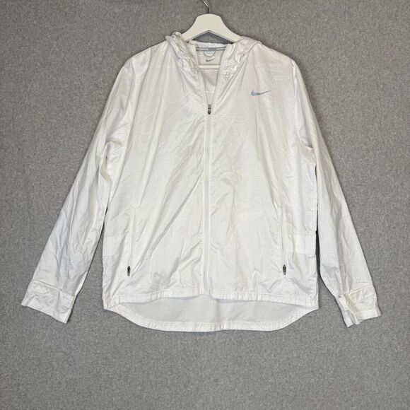 Nike Running womens White Long Sleeve Full Zip Windbreaker Track Jacket Hooded - Picture 1 of 9